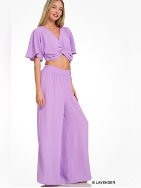 💜 NWOT Zenana Woven Airflow Twisted Top & Wide Leg Pants Set Lavender 💜